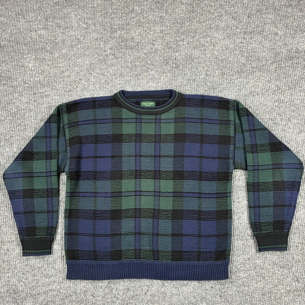 Vintage 90s Hunt Club Mens Large Plaid Crewneck Sweater Green Blue Cotton Blend
